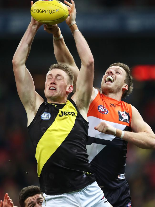 Callum Moore flies for a mark in one of his eight games for Richmond.