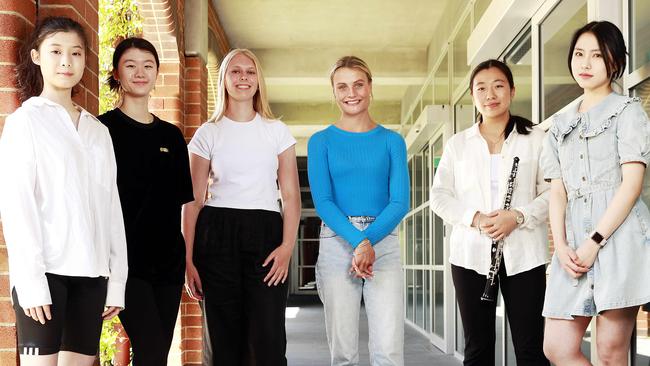 Ravenswood Girls HSC achievers: (L-R) twins Mia and Michelle Xu, Natalie Pitcher, Lucy Walsh, Phoebe Xu and Maria Yang. Picture: Tim Hunter