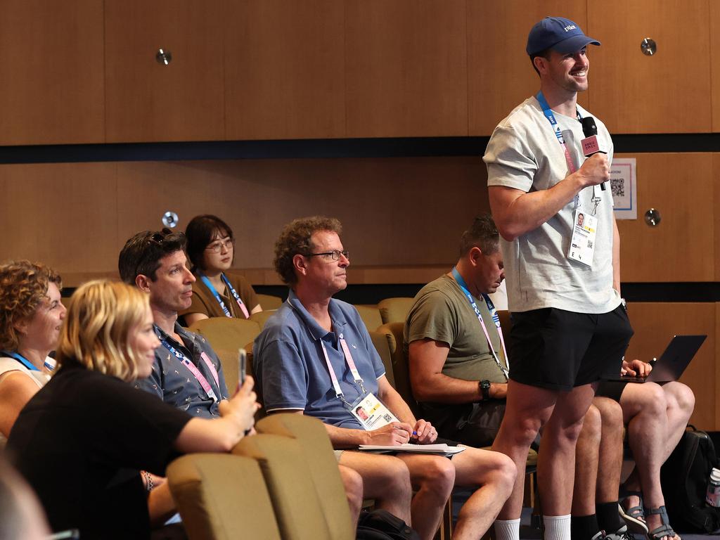 Paris Olympics 2024- The Australian swim team including Anna Meares, Chef de Mission, Head Coach Rohan Taylor, Zac Stubblety-Cook, and Bronte Campbell hold a press conference at the Main Press Centre. James Magnussen asks a question as part of the press contingent Pics Adam Head