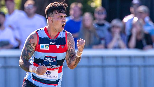 Allen Christensen celebrates a goal in the TSL round one clash against Clarence. Picture: Linda Higginson