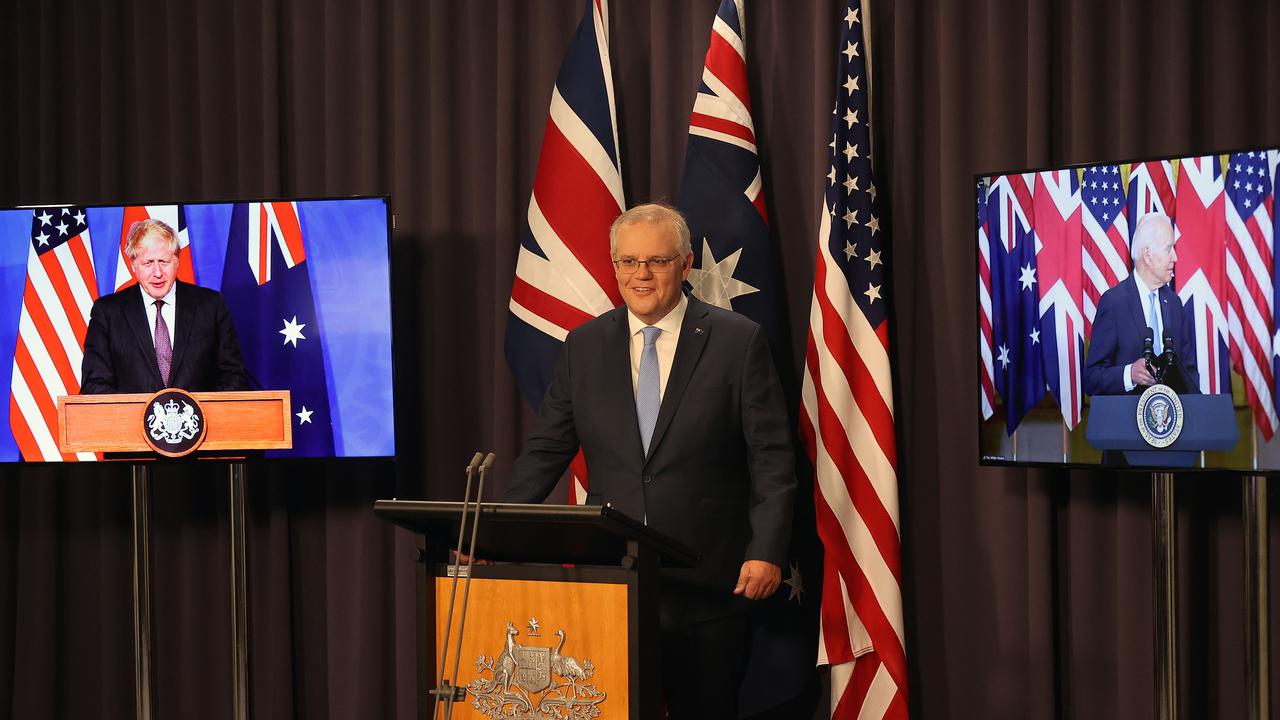 Prime Minister Scott Morrison announced the creation of the new security partnership called AUKUS last year with the President of the United States Joe Biden and the Prime Minister of the United Kingdom Boris Johnson. Picture: Newswire/Gary Ramage