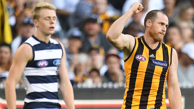 Jarryd Roughead celebrates a goal in the Easter Monday win over Geelong.