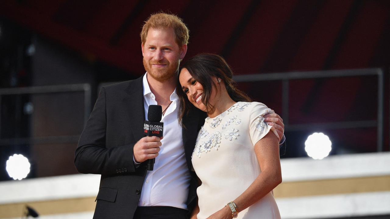 Britain's Prince Harry and Meghan Markle speak during the 2021 Global Citizen Live festival at the Great Lawn, Central Park on September 25, 2021 in New York City. (Photo by Angela Weiss / AFP)