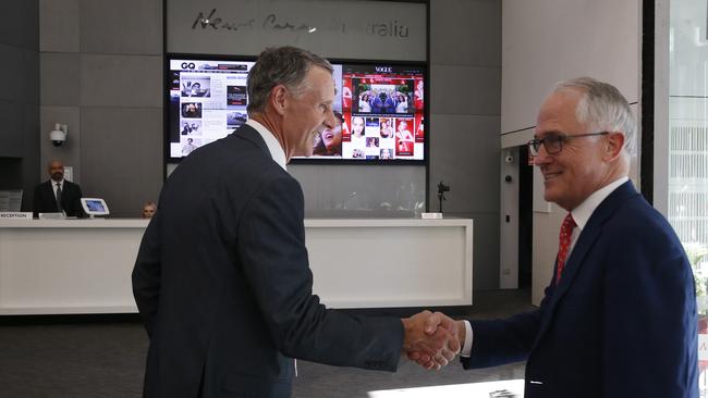 Mr Turnbull meets News Corp director of corporate affairs and editorial management Campbell Reid ahead of his appearance. Picture: David Swift.