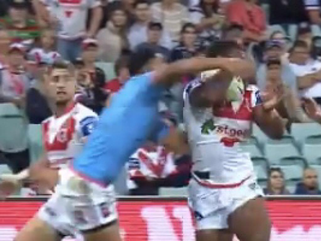 Still showing the point of impact of Daniel Tupou’s tackle. Fox League