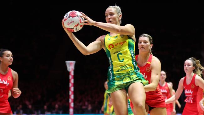 LONDON, ENGLAND - JANUARY 21: Jamie-Lee Price of Australia during the Vitality Netball Nations Cup match between England Vitality Roses and Australia Origin Diamonds at OVO Arena Wembley on January 21, 2024 in London, England. (Photo by Alex Pantling/Getty Images)