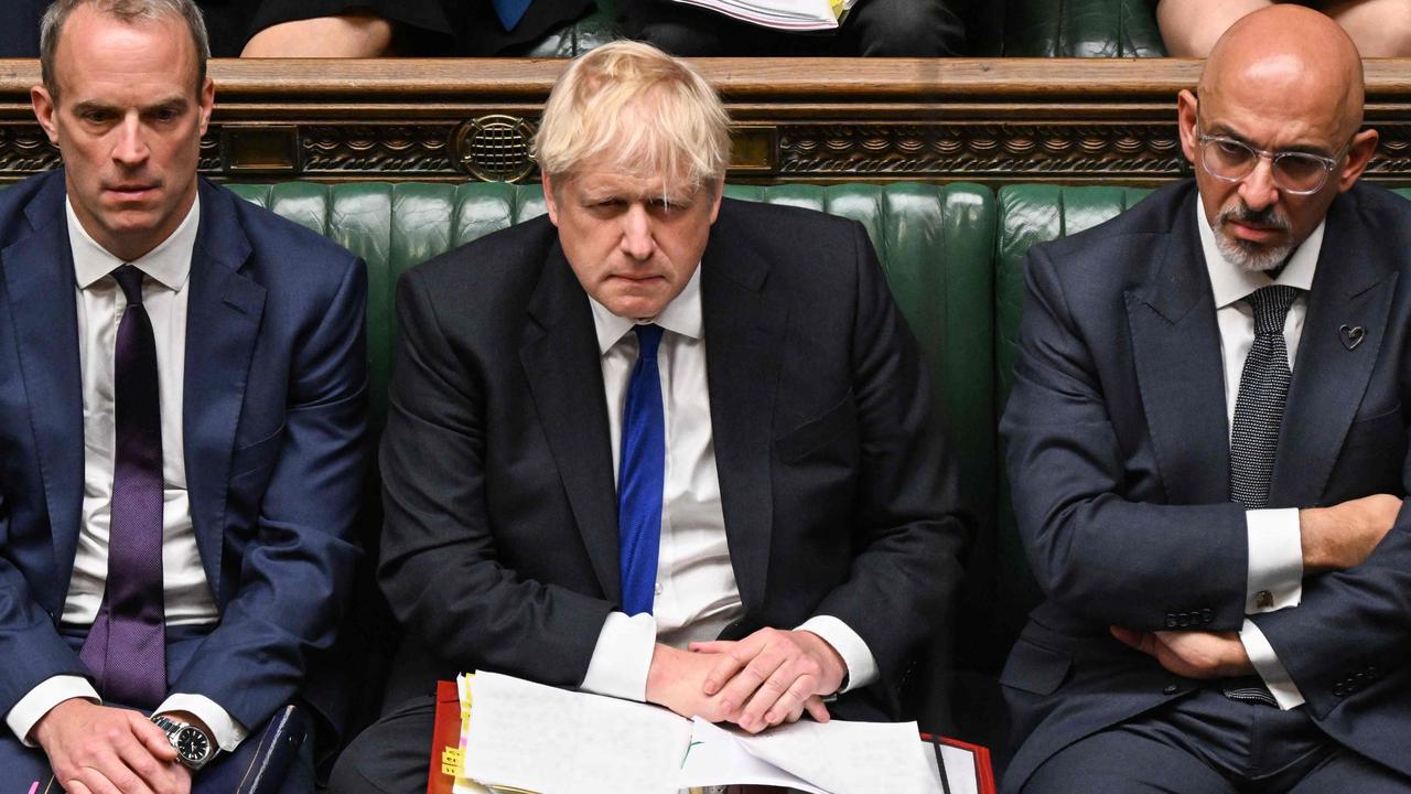 Boris Johnson (centre), Deputy Prime Minister Dominic Raab (left) and the new Chancellor of the Exchequer Nadhim Zahawi (right) in parliament today. Picture: Jessica Taylor/UK parliament/AFP