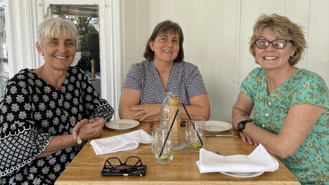 Caroline Henwood, Kerrie Birt and Jo-Dee Jensen had just finished their lunch together and were sitting outside on the deck. They said they were delighted to be able to return as regular customers. September 27, 2023. Picture: Christine Schindler