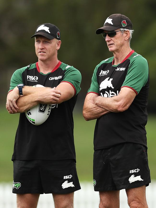 Jeremy Hickmans (left) with Bennett at a Rabbitohs training session this year. Picture: Getty Images