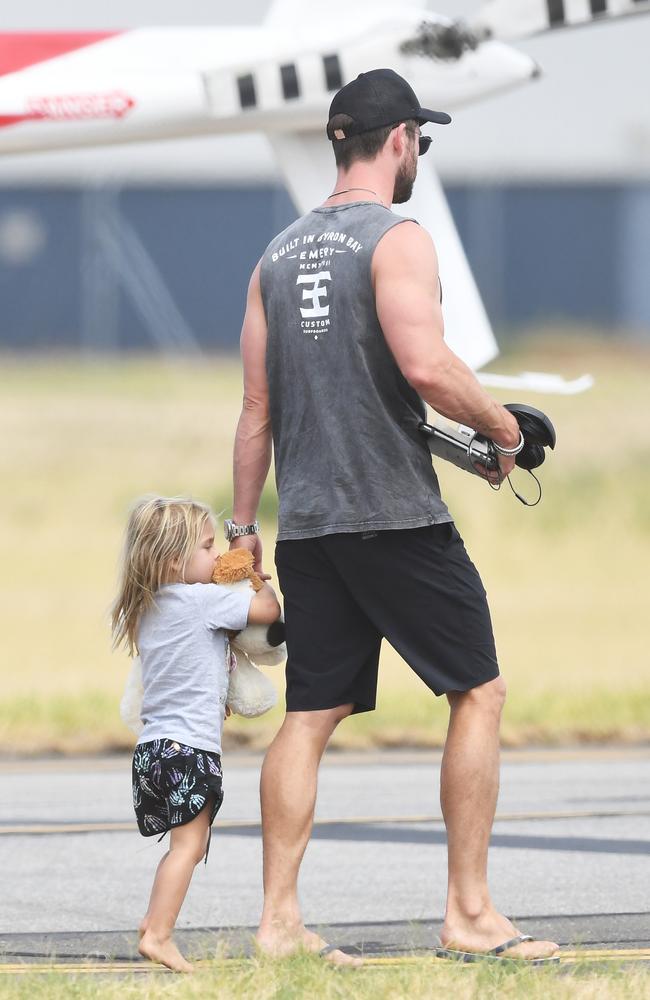 Chris Hemsworth arrived at Adelaide Airport, before boarding a helicopter. Picture: Mark Brake