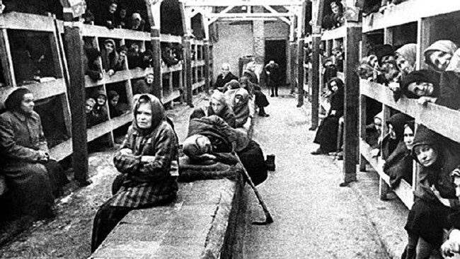 Three-tier bed bunks for the prisoners at Ravensbrück concentration camp.