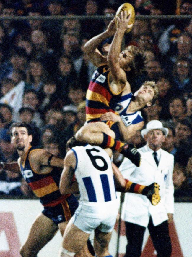 Launching pad ... high-flying Tony Modra takes the mark of the year against North Melbourne. Such a leap has become a trademark of the 100-plus goal forward 16 May 1993. (Pic by staff photographer Mark Brake)