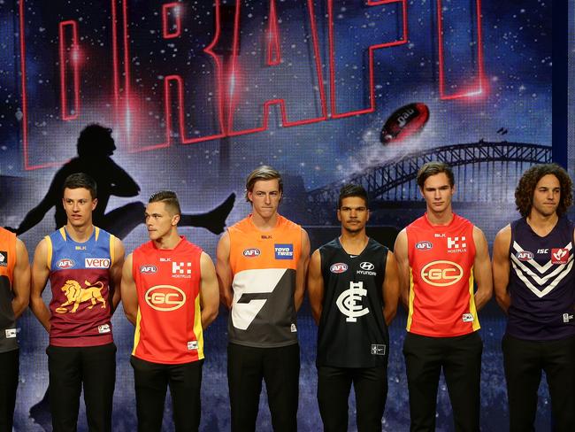 Top ten draft picks from left  Andrew McGrath, Tim Taranto, Hugh McCluggage, Ben Ainsworth, Will Setterfield, Sam Petrevski-Seton, Jack Scrimshaw, Griffin Logue, Will Brodie and Jack Bowes pictured at the 2016 AFL Draft held in Sydney. Picture: Jonathan Ng