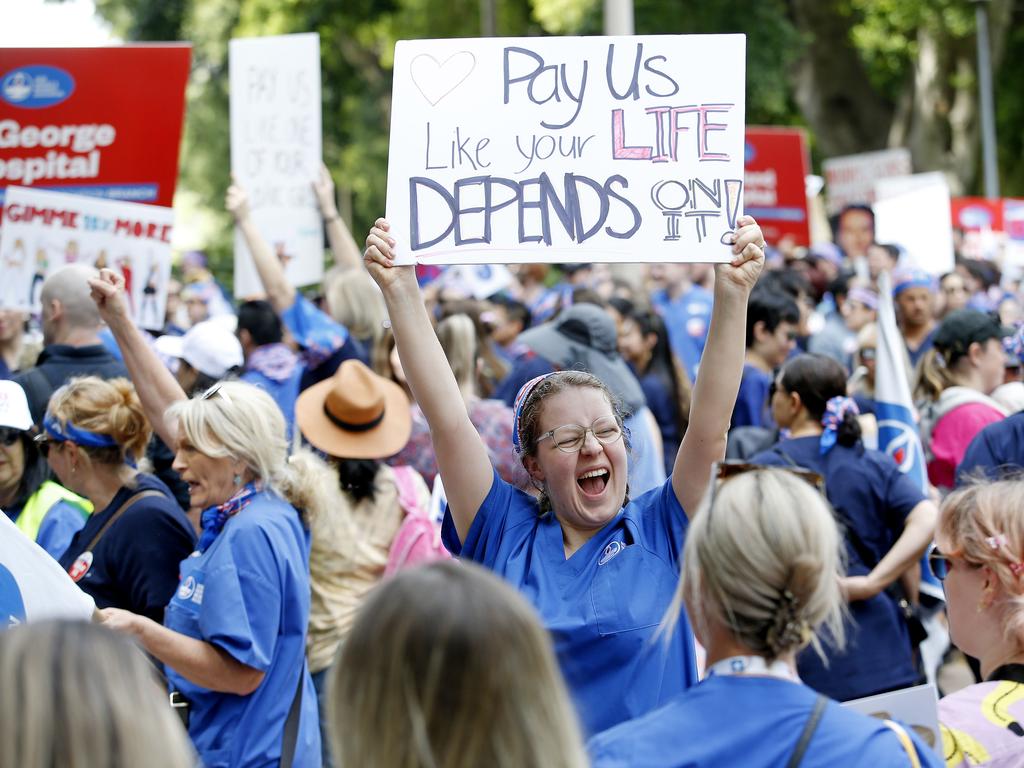 NSW nurses and midwives march to State parliament as part of their 24 hour strike to demand better pay and for the NSW government. Picture: NewsWire / John Appleyard