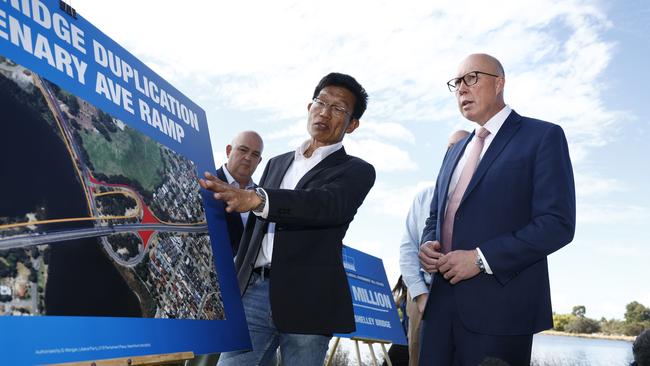 Peter Dutton made a campaign pit stop in the Tangney electorate in Perth joined by Liberal candidate Howard Ong and Swan candidate Mic Fels. Picture: Richard Dobson / NewsWire