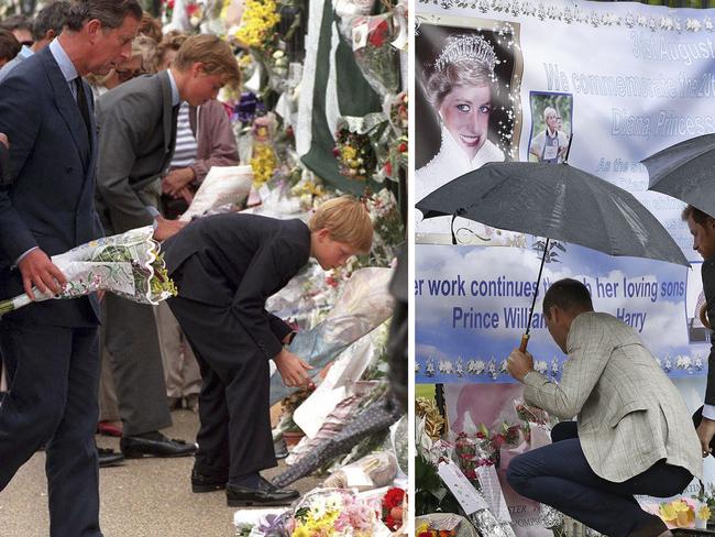 A combination of pictures created in London shows on the left Britain's Prince Charles, Prince of Wales (L), with his song Prince William (C) and Prince Harry (R), viewing the floral tributes to their mother, Diana, Princess of Wales, at the entrance of Kensington Palace. Picture: AFP.