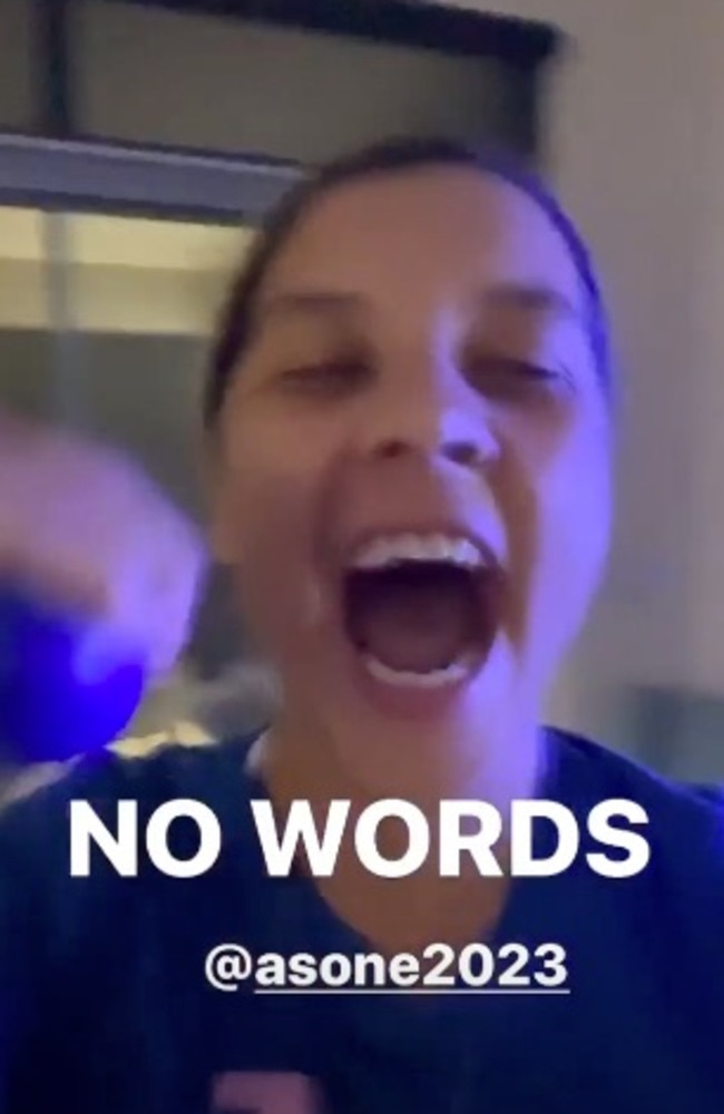 Elated … Sam Kerr celebrates after Australia and New Zealand won the bid to host the FIFA 2023 Women's World Cup. Picture: Instagram/@samanthakerr20