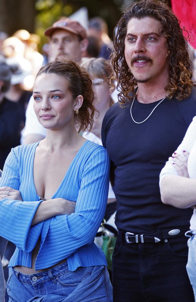 Abbie Chatfield and Adam Hyde at No More rallies in Sydney. Picture: Sam Ruttyn