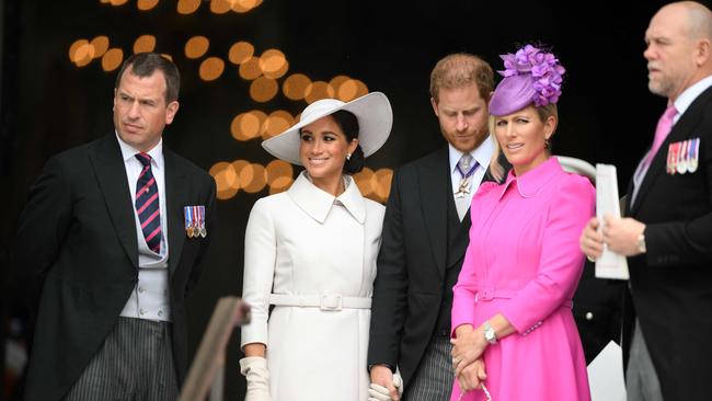 Peter Phillips, Meghan, Duchess of Sussex, Prince Harry, Duke of Sussex, Zara Phillips and Mike Tindall pictured at on of Queen Elizabeth II's platinum jubilee celebrations. Picture: Daniel Leal/Pool/AFP