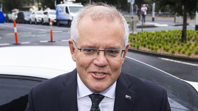 Scott Morrison arrives for Bert Newton’s state funeral in Melbourne on Friday. Picture: Daniel Pockett