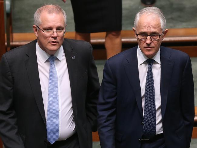 Scott Morrison and Mr Turnbull in the House of Representatives Chamber at Parliament House in Canberra this morning.