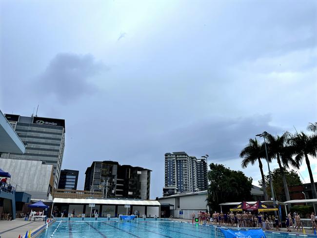 The clouds above Fortitude Valley in Brisbane as thunder could be heard just before 1.30pm Sunday.