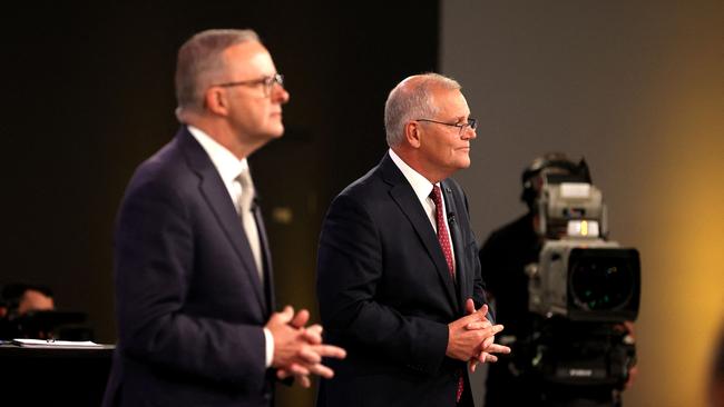 Australian Prime Minister Scott Morrison and Anthony Albanese, attend the first leaders' debate of the 2022 federal election campaign at the Gabba in Brisbane. Picture: Jason Edwards