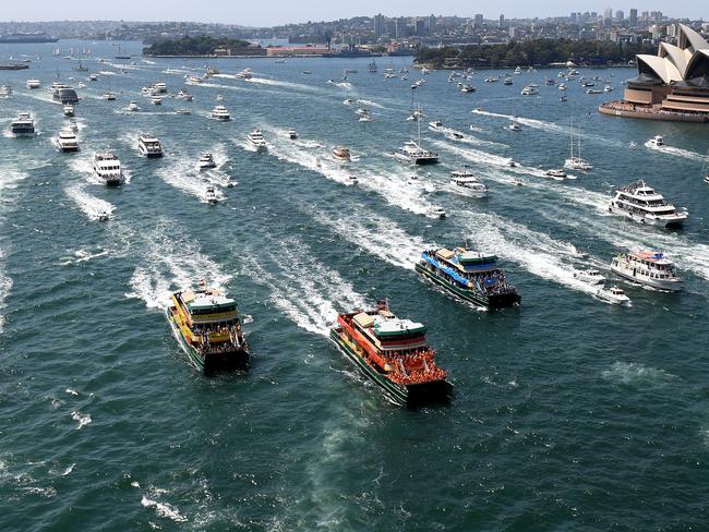 Ferries are seen racing during the Ferrython on Sydney Harbour during Australia Day celebrations in Sydney, Saturday, January 26, 2019. (AAP Image/ Dan Himbrechts) NO ARCHIVING