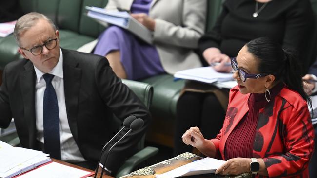 Minister for Indigenous Australians Linda Burney during Question Time at Parliament House in Canberra, with Prime Minister Anthony Albanese. Picture: NCA NewsWire/Martin Ollman