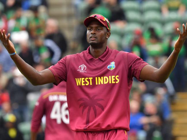 West Indies' captain Jason Holder reacts during the 2019 Cricket World Cup group stage match between West Indies and Bangladesh at The County Ground in Taunton, southwest England, on June 17, 2019. (Photo by Saeed KHAN / AFP) / RESTRICTED TO EDITORIAL USE