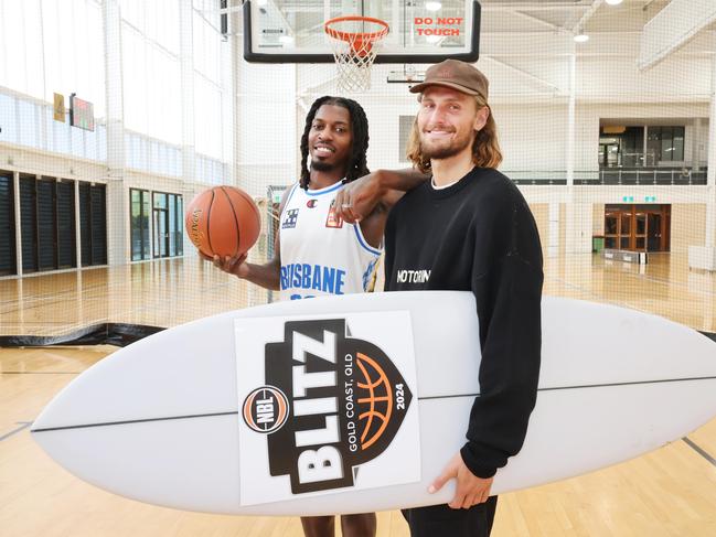 Brisbane Bullets star Casey Prather with Matt Kenyon from the South East Melbourne Phoenix at the NBL Blitz launch.. Picture Glenn Hampson