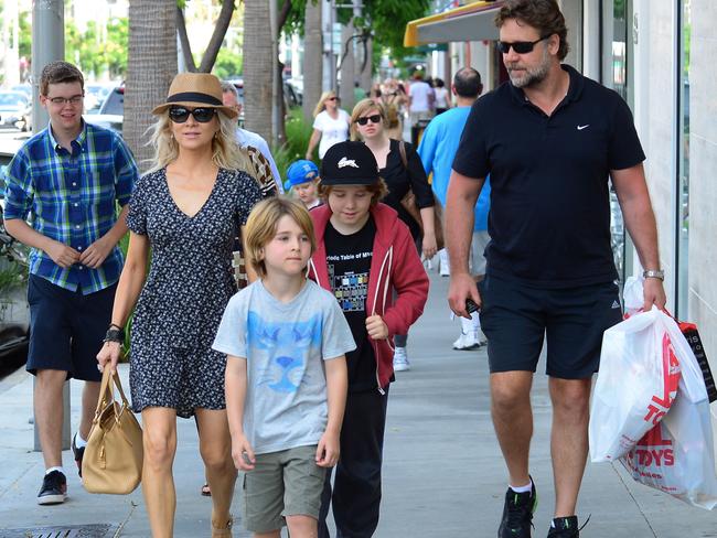 Russell Crowe and his estranged wife Danielle Spencer walk through Hollywood with their two boys.