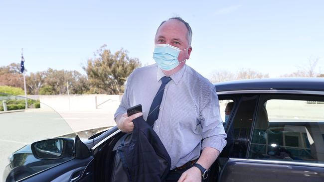 Deputy Prime Minister Barnaby Joyce arrives at Parliament House in Canberra on Sunday afternoon ahead of a party room meeting on net zero emissions. Picture: Gary Ramage / NCA NewsWire