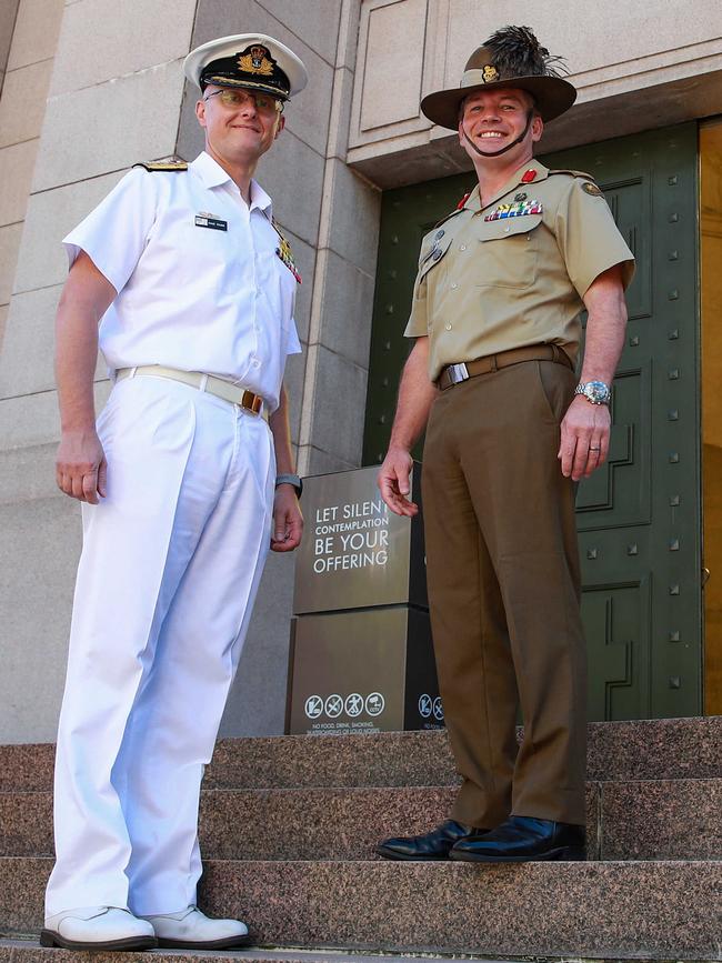 Commodore Dave Mann and Colonel Brad Kilpatrick at the Anzac Memorial during the launch of the new Veterans Strategy. Picture: Justin Lloyd