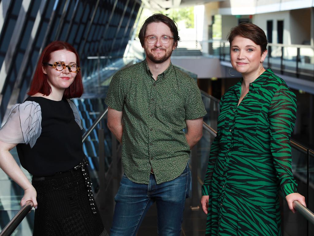 31/1/20: L to R..Brooke Robinson, Matthew Whittet and Katy Warner. The are the three finalists in the Lysicrates Prize, an annual award for playwrights where excerpts from their plays are performed and the audience votes for the winner. Entrants this year were required to write a comic play. John Feder/The Australian.