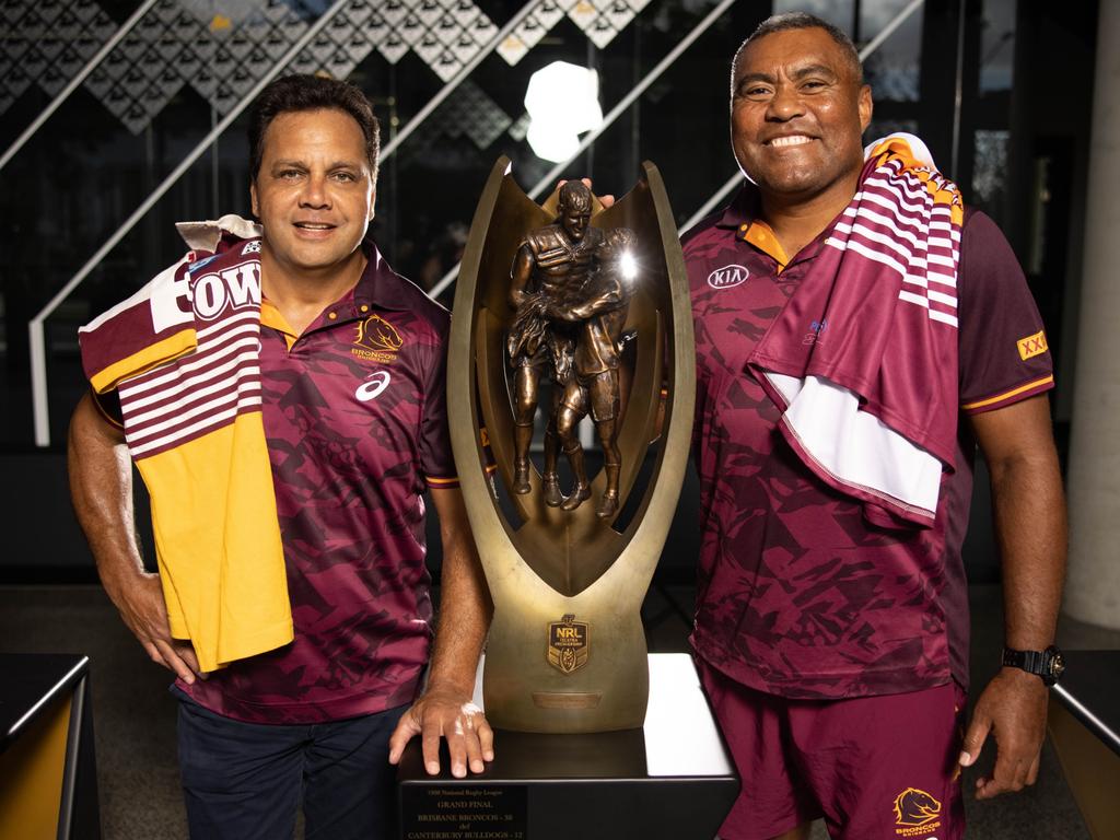 Brisbane Broncos premiership players Steve Renouf (left) and Petero Civoniceva at the Red Hill HQ. Picture: Peter Wallis