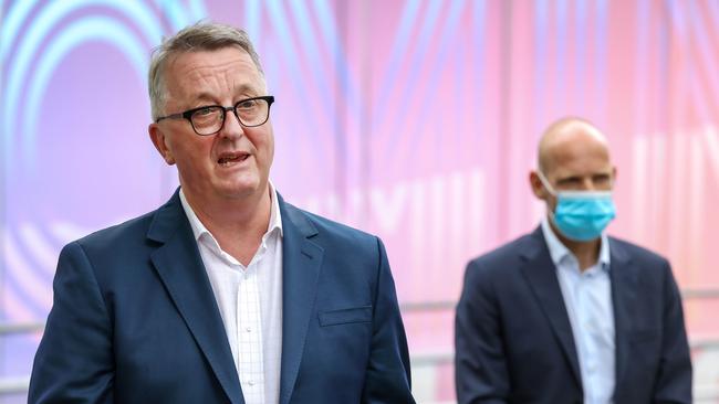 Health Minister Martin Foley addresses the media outside Scienceworks in Spotswood. Picture: NCA NewsWire / Ian Currie