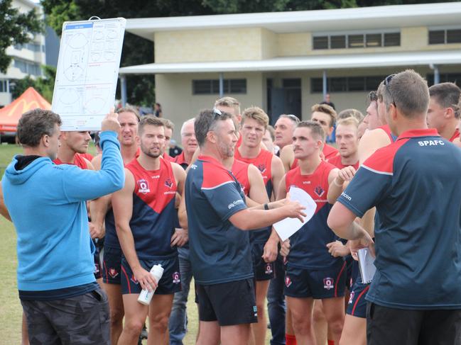 Surfers Paradise QAFL coach Brad Moore talking to his players. Picture credit: AFL.