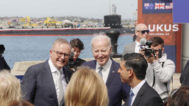 Prime Minister of Australia Anthony Albanese and the United Kingdom Rishi Sunak and U.S. President Joe Biden after the AUKUS deal is announced. Picture: Sandy Huffaker for News Corp Australia