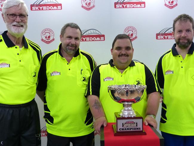 Inaugural SuperLeague champions ‘Men@Work’: John Sykes, Joe Turner, Frank Krslovic and Ben Wales with the imposing winners’ trophy.