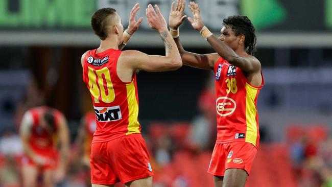 GOLD COAST, AUSTRALIA - SEPTEMBER 16: Joel Jeffrey and Lloyd Johnston of the Suns celebrate during the 2023 VFL Preliminary Final match between the Gold Coast SUNS and The Box Hill Hawks at Heritage Bank Stadium on September 16, 2023 in Gold Coast, Australia. (Photo by Russell Freeman/AFL Photos via Getty Images)