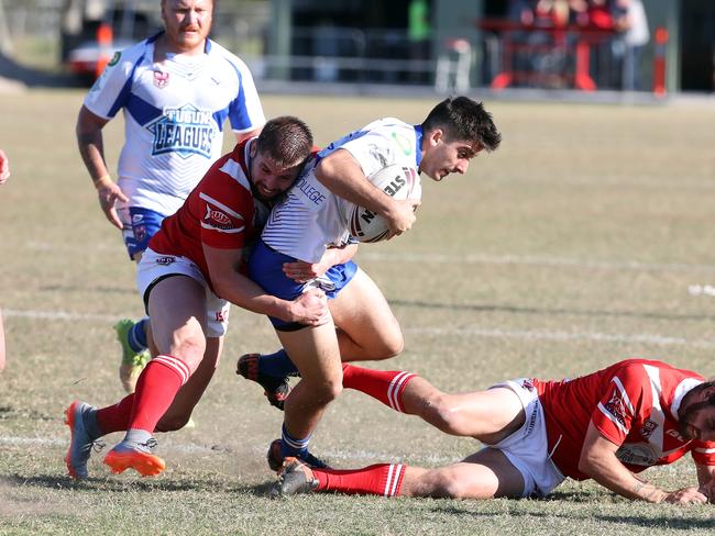 Action pics of Round 16 Rugby League Gold Coast match between Currumbin and Tugun at Galleon Way. Photo of Jai Veli tackled. Picture: Richard Gosling
