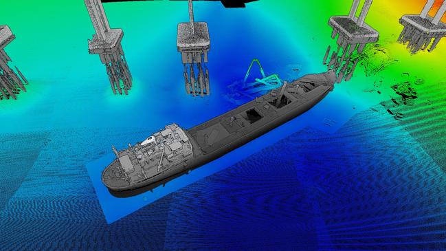 A bathymetric map of the wrecked SS Lake Illawarra and Tasman Bridge pylons. Picture: CSIRO