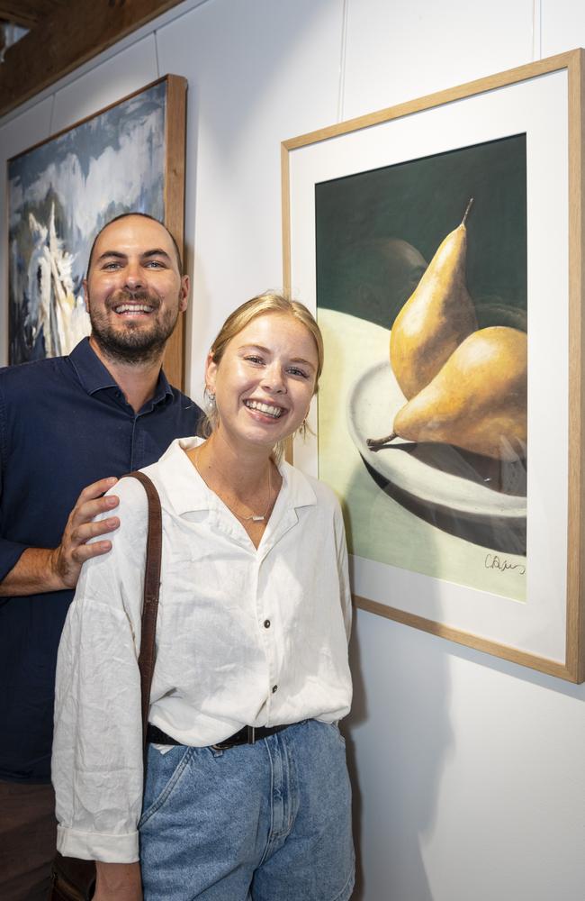 The Next Big Thing finalist Catie Davis with Romey Sullivan and her work The Pears at The Toowoomba Gallery, Friday, March 1, 2024. Picture: Kevin Farmer