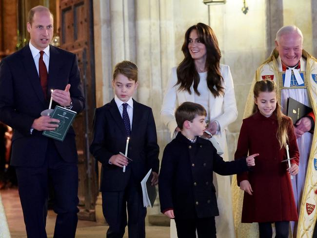 Prince William, Prince George, Prince Louis. Princess Catherine and Princess Charlotte of Wales attend The "Together At Christmas" Carol Service at Westminster Abbey on December 08, 2023 in London. Picture: Chris Jackson/Getty Images