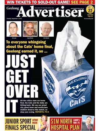 Geelong Advertiser front page offers Fremantle Dockers tissues over