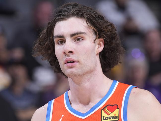 SACRAMENTO, CA - DECEMBER 14: Josh Giddey #3 of the Oklahoma City Thunder looks on during the game against the Sacramento Kings on December 14, 2023 at Golden 1 Center in Sacramento, California. NOTE TO USER: User expressly acknowledges and agrees that, by downloading and or using this photograph, User is consenting to the terms and conditions of the Getty Images Agreement. Mandatory Copyright Notice: Copyright 2023 NBAE (Photo by Rocky Widner/NBAE via Getty Images)