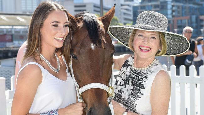 Katelyn Mallyon and Gaye Waterhouse with Sirmione at the Festival of Racing Launch at The Common Lawn at South Wharf on February 07, 2018 in Melbourne, Australia. (Reg Ryan/Racing Photos)