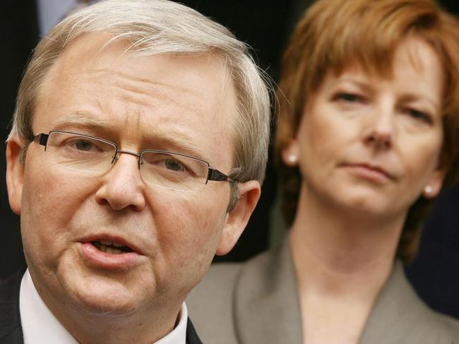 (FILES) A file photo taken on December 13, 2006, shows former Labor Prime Minister Kevin Rudd (L) with Australia's current Labor Prime Minister Julia Gillard (R) at a press conference in Melbourne. Moves were underway on June 26, 2013, to oust embattled Prime Minister Julia Gillard and return Kevin Rudd to the Labor leadership, reports said, as the Australian premier faces defeat at the upcoming elections. AFP PHOTO / FILES / William WEST