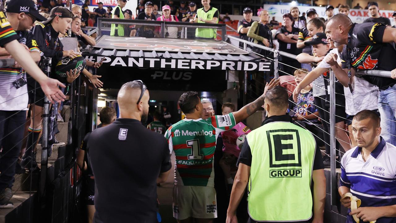 Latrell Mitchell of the Rabbitohs interacts with fans as he walks down the tunnel at the end of the round two NRL match between the Penrith Panthers and South Sydney. (Photo by Cameron Spencer/Getty Images)